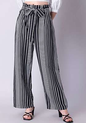 Black Striped Paper Bag High Waist Trousers