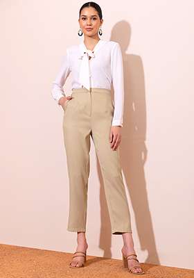 Beige High Waist Tapered Trousers