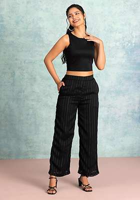 Black Elasticated Waist Wide Legged Trousers