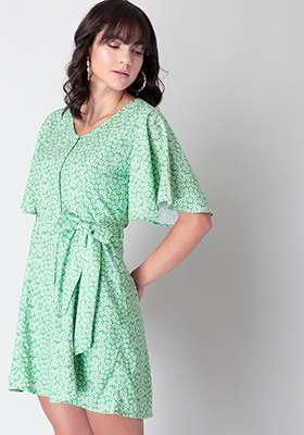 Green Floral Belted Flared Sleeve Dress