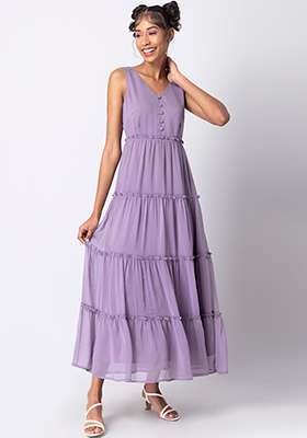 Lilac Tiered Buttoned Maxi Dress 