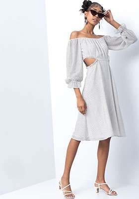 White Polka Bardot Waist Cut Out Midi Dress 