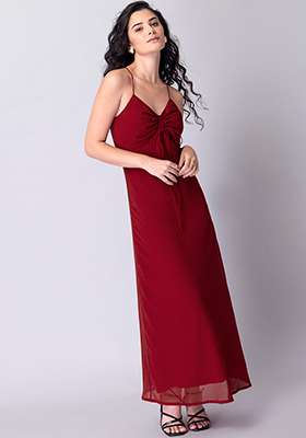 Red Noodle Strap Ruched Maxi Dress