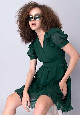 Green Frill Sleeve Trim Wrap Dress 