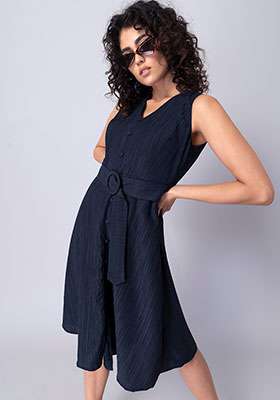 Navy Buttoned Belted Dress 