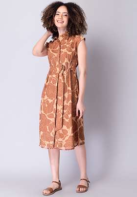 Beige Floral Belted Shirt Dress 