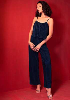 Navy Strappy Pleated Jumpsuit 