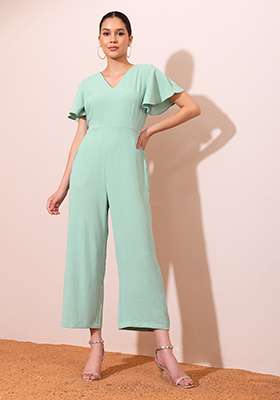 Light Green Textured Flared Sleeve Jumpsuit With Attached Belt