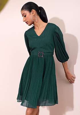 Green Pleated A Line Dress With Buckle Belt