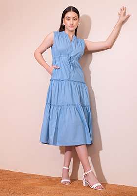 Blue Tiered Cotton Maxi Dress
