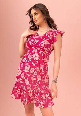 Hot Pink Floral Print Cotton Mini Dress