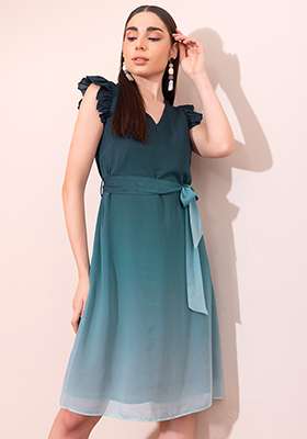 Green Ombre Midi Dress With Tie Up Belt