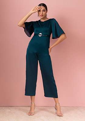 Teal Blue Flared Sleeve Jumpsuit With Buckle Belt