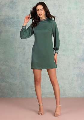 Green Puff Sleeve Embellished Mini Dress