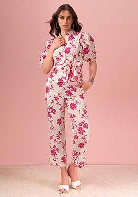 White And Pink Floral Print Poplin Top And Pants Co-ord Set