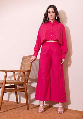 Hot Pink Buttoned Cotton Shirt And Pants Co-ord Set