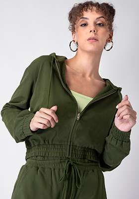 Green Zipped Smocked Waist Straight Fit Hoodie 