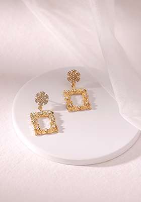 Gold Plated Textured Square Dangler Earrings