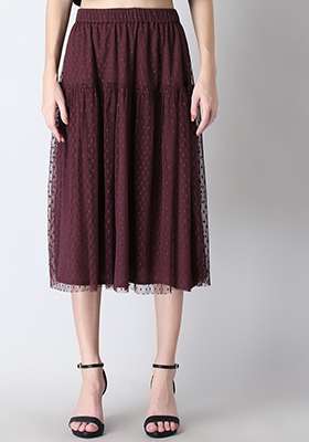 Wine Textured Mesh A Line Midi Skirt 