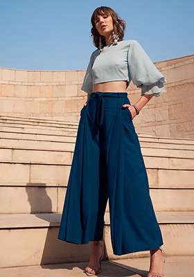 Teal Blue Pleated Wide Legged Trousers With Belt