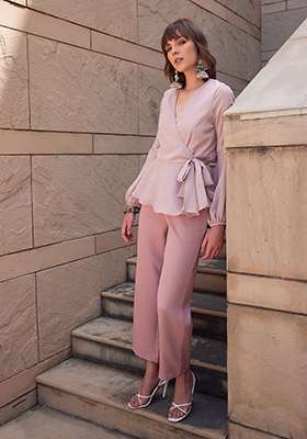 Light Pink Straight Fit Trousers With Self Fabric Belt