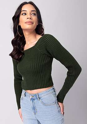Olive Green Square Neck Crop Sweater