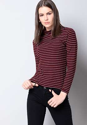 Maroon Stripe High Neck Ribbed Top