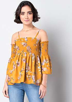 Mustard Floral Smocked Strappy Top