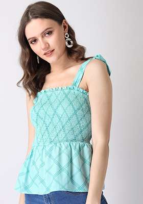 Green Checked Smocked Strappy Tie Up Shoulder Top 