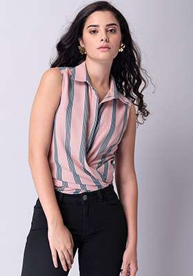 Blush Stripe Sleeveless Button Down Shirt
