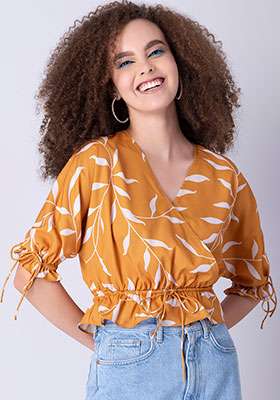Yellow Tropical Drawstring Wrap Top