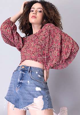 Pink Floral Frilled Bardot Top 