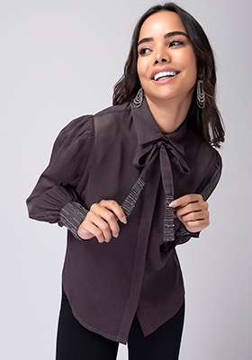 Brown Embellished Bow Collared Shirt
