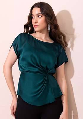 Teal Blue Side Knot Drop Sleeve Blouse 