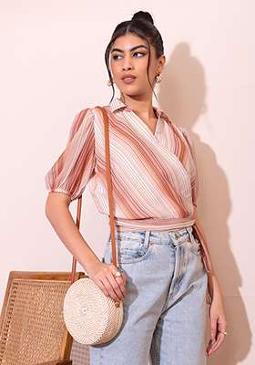 White And Brown Striped Collared Wrap Top