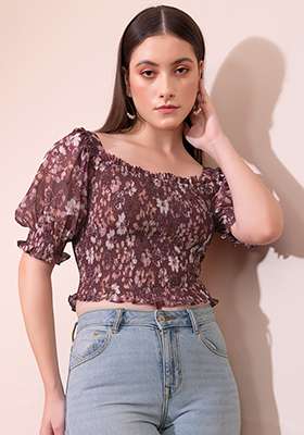 Brown Floral Print Smocked Crop Top